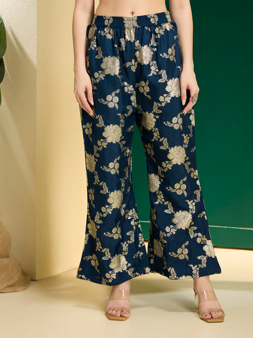 Solid Sequin Embroidered A-Line Kurta with Brocade Palazzo - Navy Blue