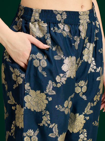 Solid Sequin Embroidered A-Line Kurta with Brocade Palazzo - Navy Blue