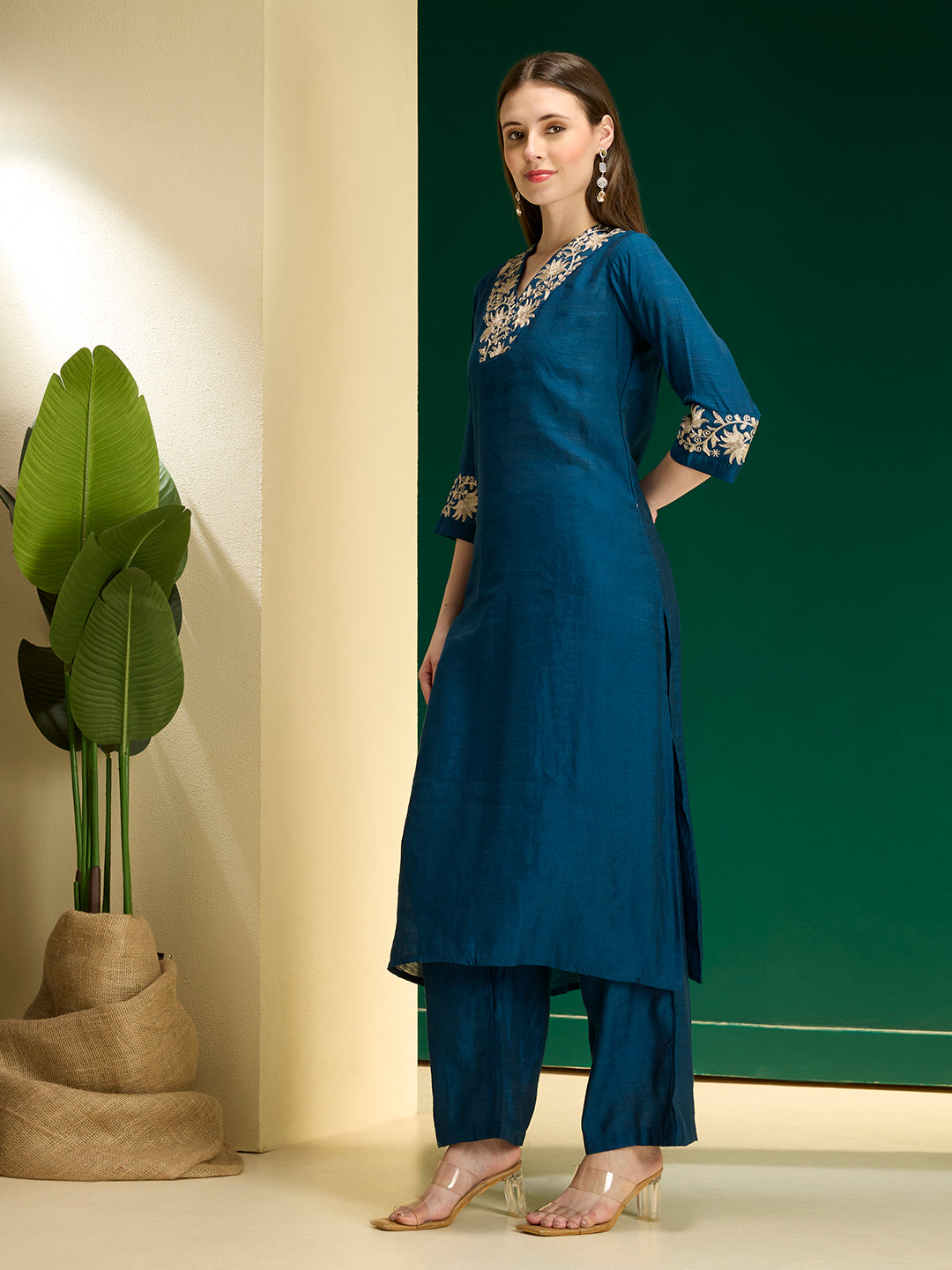 Solid Lotus Zari Embroidered Straight Kurta with Palazzo - Teal