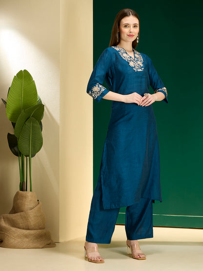 Solid Lotus Zari Embroidered Straight Kurta with Palazzo - Teal