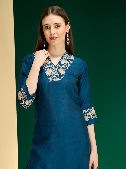 Solid Lotus Zari Embroidered Straight Kurta with Palazzo - Teal