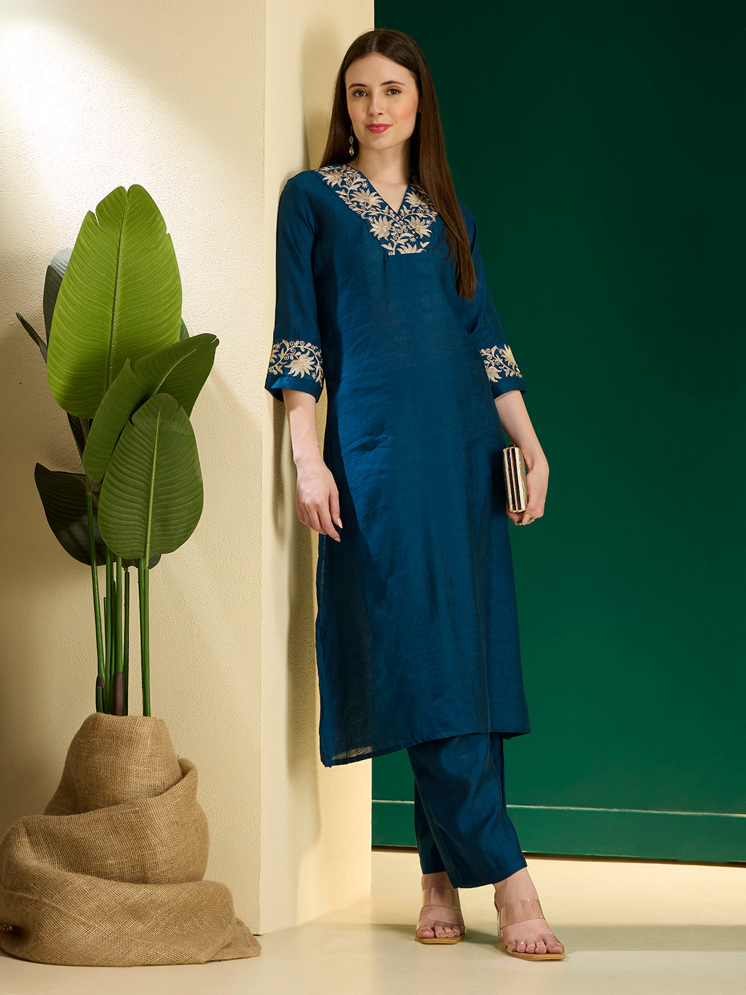 Solid Lotus Zari Embroidered Straight Kurta with Palazzo - Teal