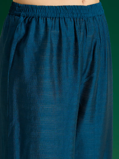 Solid Lotus Zari Embroidered Straight Kurta with Palazzo - Teal