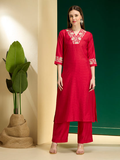 Solid Lotus Zari Embroidered Straight Kurta with Palazzo - Rani