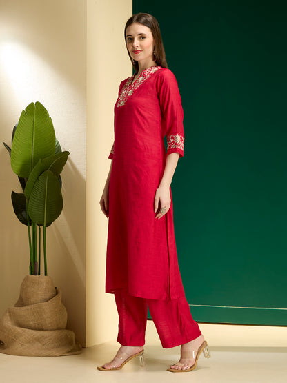 Solid Lotus Zari Embroidered Straight Kurta with Palazzo - Rani