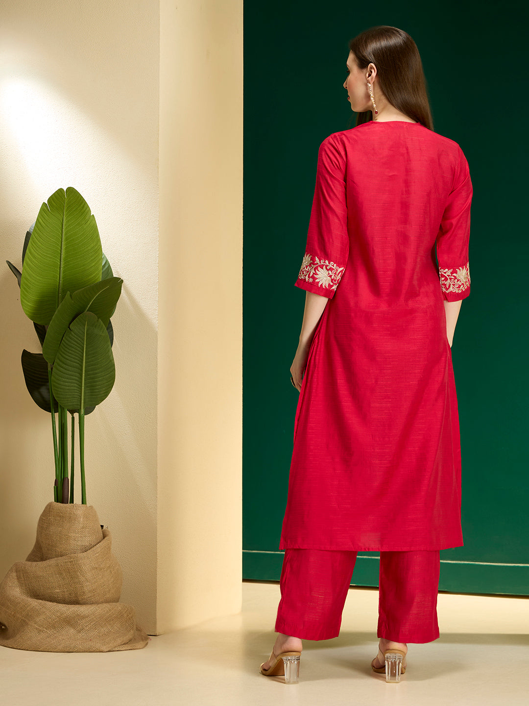 Solid Lotus Zari Embroidered Straight Kurta with Palazzo - Rani