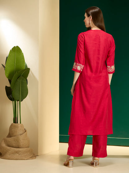 Solid Lotus Zari Embroidered Straight Kurta with Palazzo - Rani