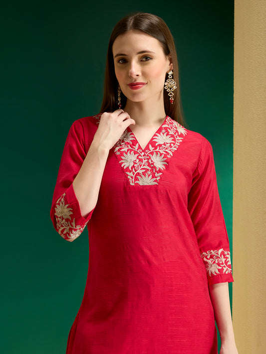 Solid Lotus Zari Embroidered Straight Kurta with Palazzo - Rani