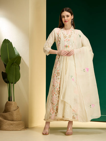 Solid Floral Embroidered Anarkali Kurta with Palazzo & Hand Painted Dupatta - Off White