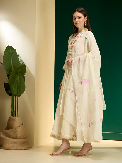 Solid Floral Embroidered Anarkali Kurta with Palazzo & Hand Painted Dupatta - Off White