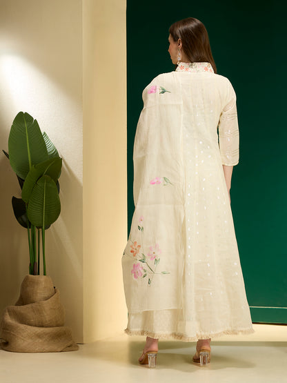 Solid Floral Embroidered Anarkali Kurta with Palazzo & Hand Painted Dupatta - Off White