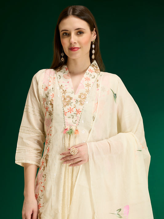 Solid Floral Embroidered Anarkali Kurta with Palazzo & Hand Painted Dupatta - Off White