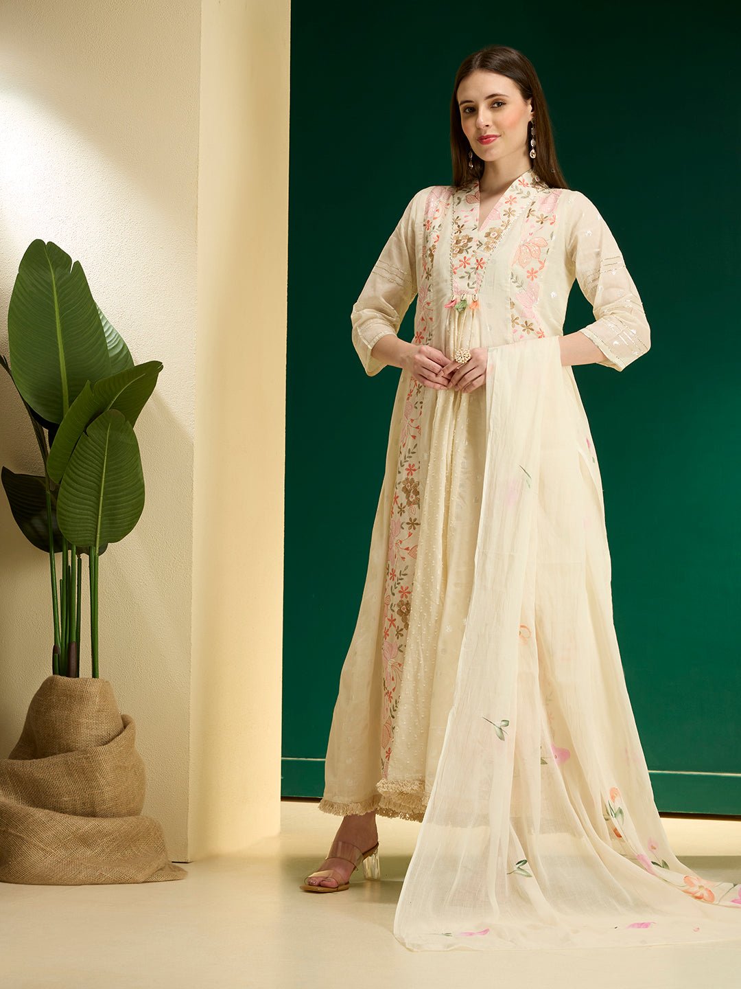 Solid Floral Embroidered Anarkali Kurta with Palazzo & Hand Painted Dupatta - Off White