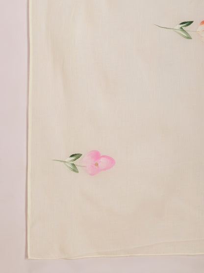 Solid Floral Embroidered Anarkali Kurta with Palazzo & Hand Painted Dupatta - Off White