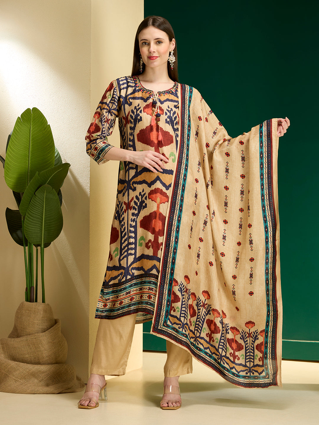 Festive Ikat Printed Embroidered Straight Kurta with Pant & Dupatta - Multi
