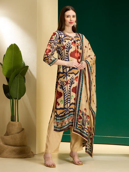 Festive Ikat Printed Embroidered Straight Kurta with Pant & Dupatta - Multi
