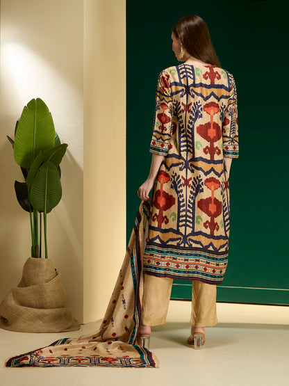 Festive Ikat Printed Embroidered Straight Kurta with Pant & Dupatta - Multi