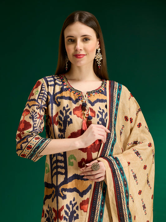 Festive Ikat Printed Embroidered Straight Kurta with Pant & Dupatta - Multi