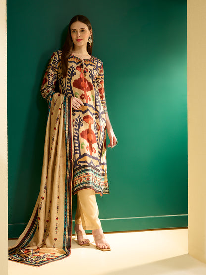 Festive Ikat Printed Embroidered Straight Kurta with Pant & Dupatta - Multi