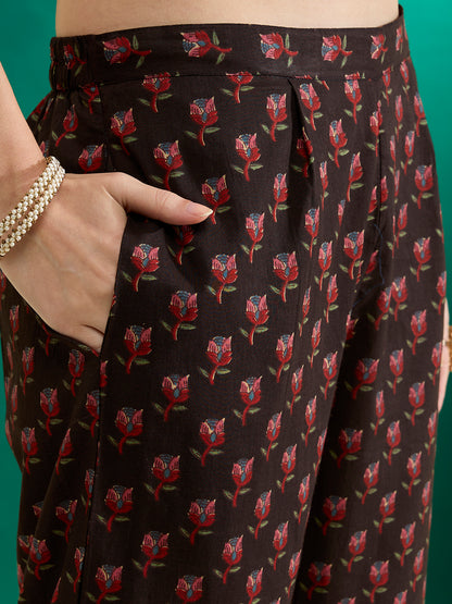 Floral Foil Printed Cutwork Embroidered Straight Kurta with Pant - Black