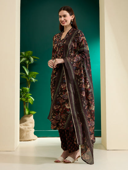 Floral Foil Printed Cutwork Embroidered Straight Kurta with Pant - Black