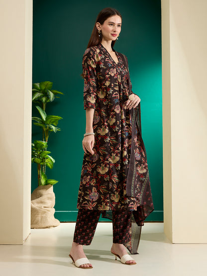Floral Foil Printed Cutwork Embroidered Straight Kurta with Pant - Black