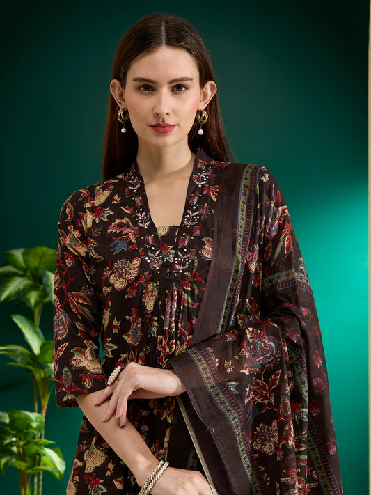 Floral Foil Printed Cutwork Embroidered Straight Kurta with Pant - Black
