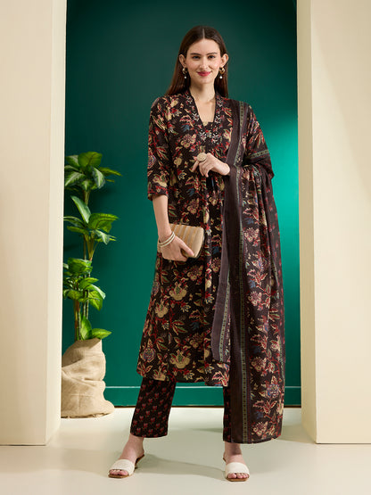 Floral Foil Printed Cutwork Embroidered Straight Kurta with Pant - Black
