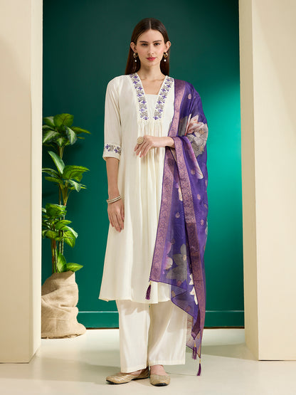 Floral Embroidered Anarkali Kurta with Palazzo & Floral Printed Dupatta - Off White