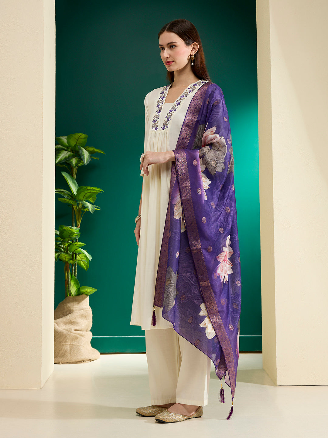 Floral Embroidered Anarkali Kurta with Palazzo & Floral Printed Dupatta - Off White