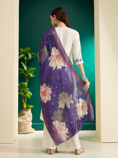 Floral Embroidered Anarkali Kurta with Palazzo & Floral Printed Dupatta - Off White
