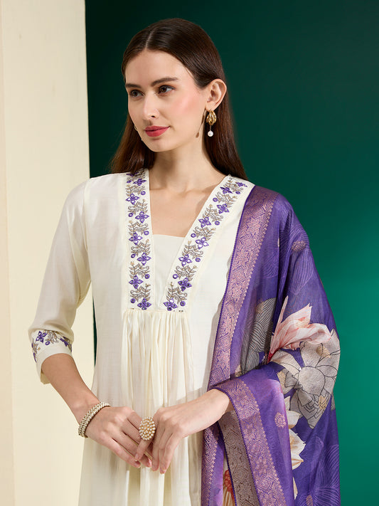Floral Embroidered Anarkali Kurta with Palazzo & Floral Printed Dupatta - Off White