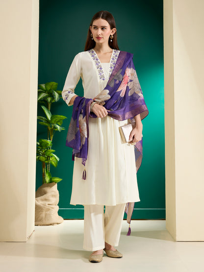 Floral Embroidered Anarkali Kurta with Palazzo & Floral Printed Dupatta - Off White