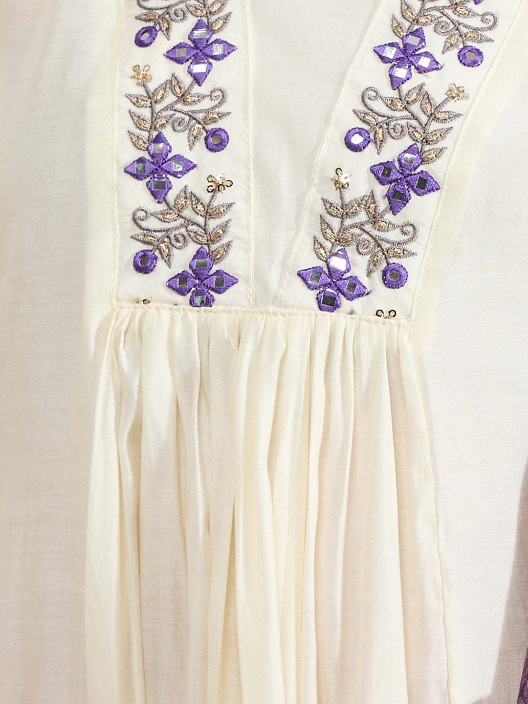 Floral Embroidered Anarkali Kurta with Palazzo & Floral Printed Dupatta - Off White
