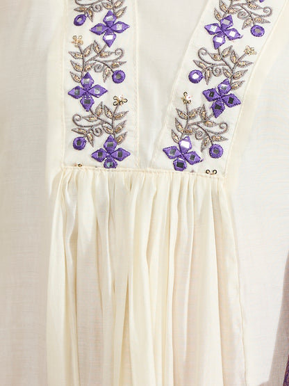 Floral Embroidered Anarkali Kurta with Palazzo & Floral Printed Dupatta - Off White