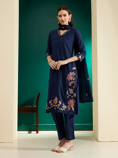 Solid Threadwork Floral Embroidered A-Line Kurta with Pant & Dupatta - Navy Blue