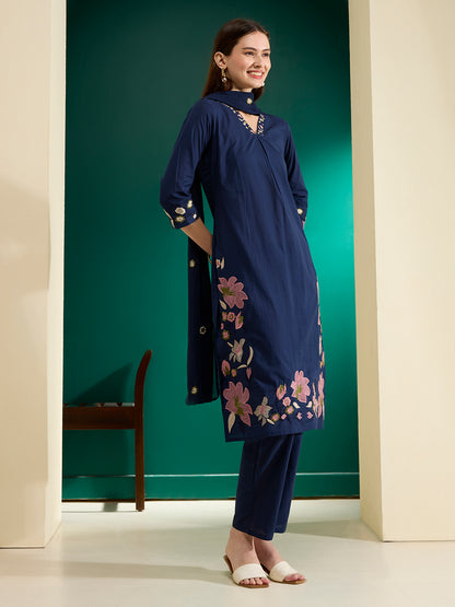 Solid Threadwork Floral Embroidered A-Line Kurta with Pant & Dupatta - Navy Blue