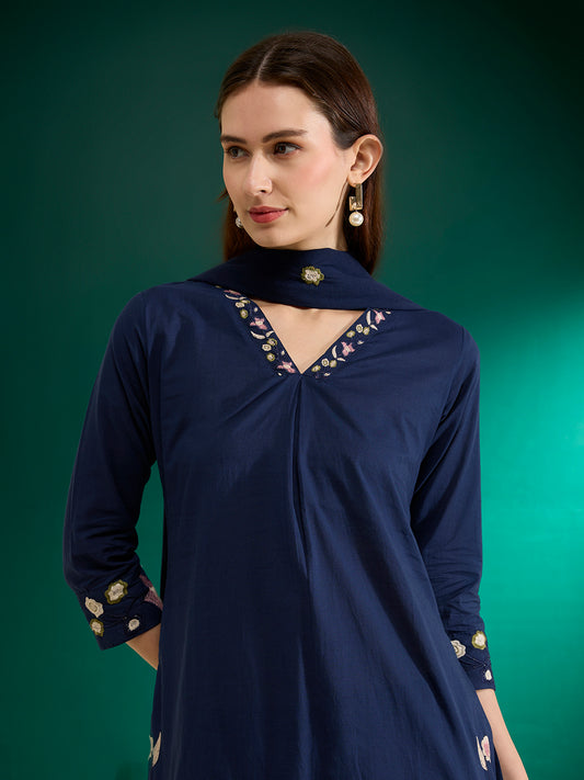 Solid Threadwork Floral Embroidered A-Line Kurta with Pant & Dupatta - Navy Blue