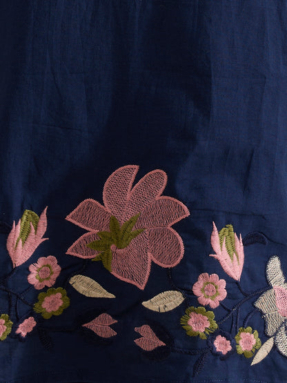 Solid Threadwork Floral Embroidered A-Line Kurta with Pant & Dupatta - Navy Blue