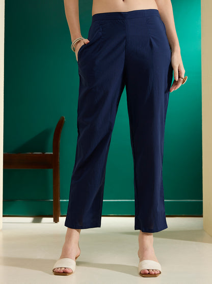 Solid Threadwork Floral Embroidered A-Line Kurta with Pant & Dupatta - Navy Blue