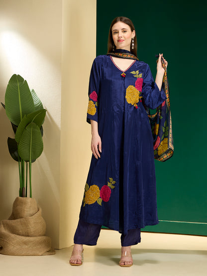 Ethnic Floral Embroidered Anarkali Flared Kurta with Pant and Dupatta - Navy Blue