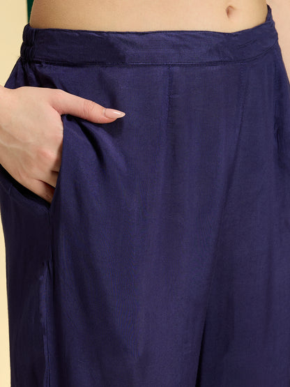 Ethnic Floral Embroidered Anarkali Flared Kurta with Pant and Dupatta - Navy Blue