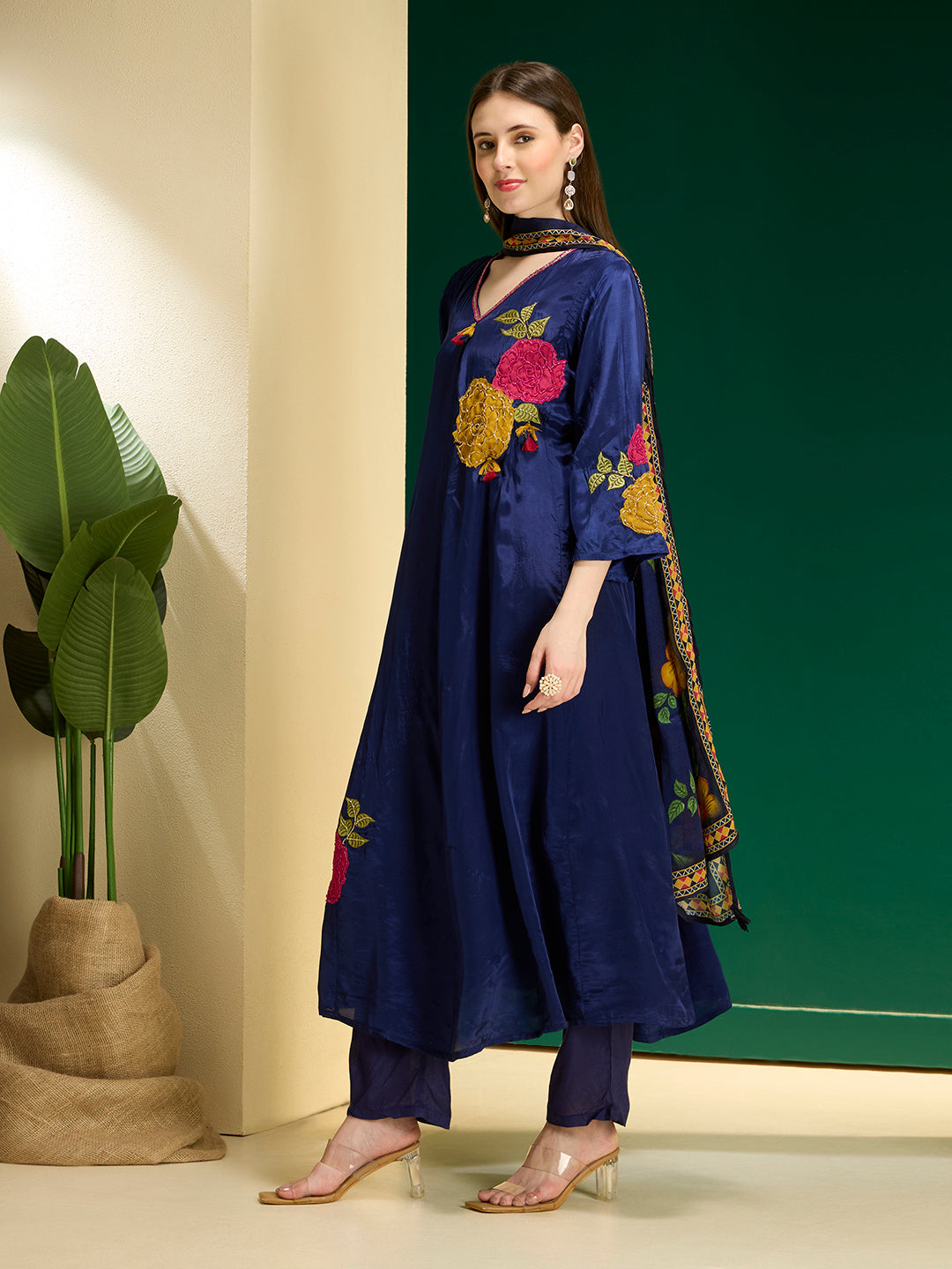Ethnic Floral Embroidered Anarkali Flared Kurta with Pant and Dupatta - Navy Blue