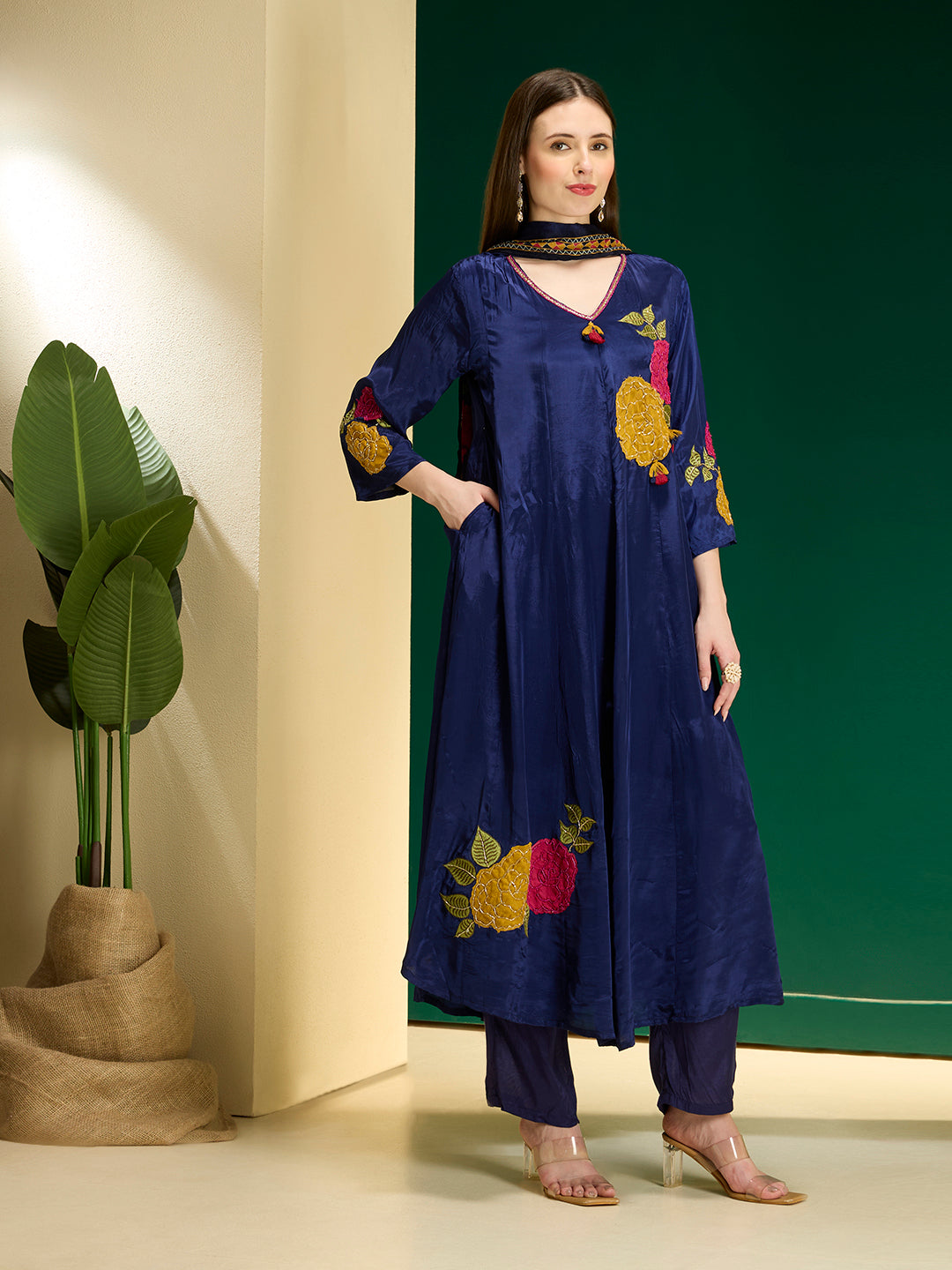 Ethnic Floral Embroidered Anarkali Flared Kurta with Pant and Dupatta - Navy Blue