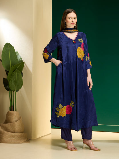 Ethnic Floral Embroidered Anarkali Flared Kurta with Pant and Dupatta - Navy Blue