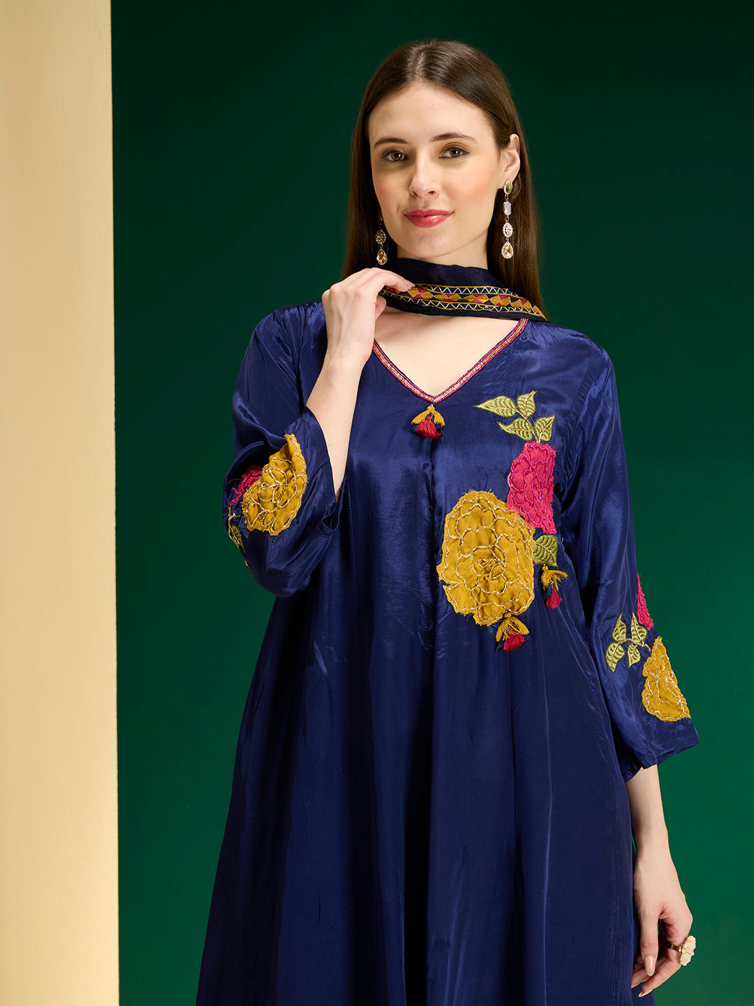 Ethnic Floral Embroidered Anarkali Flared Kurta with Pant and Dupatta - Navy Blue