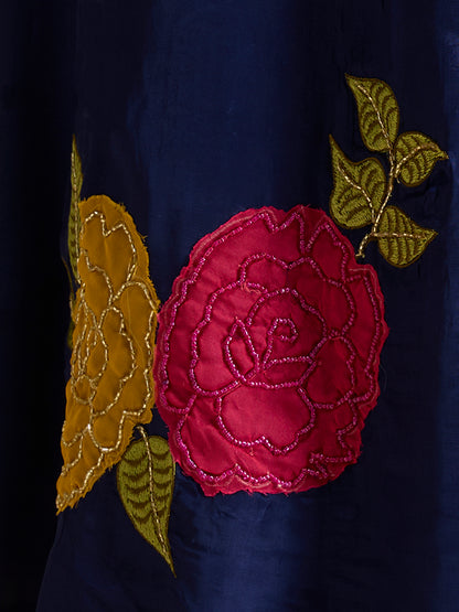 Ethnic Floral Embroidered Anarkali Flared Kurta with Pant and Dupatta - Navy Blue