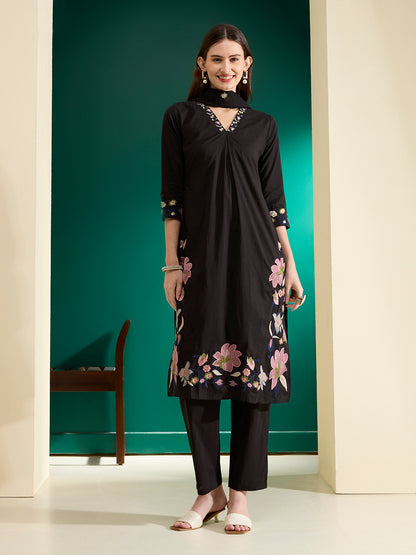 Solid Floral Embroidered Straight Kurta with Pant & Dupatta - Black