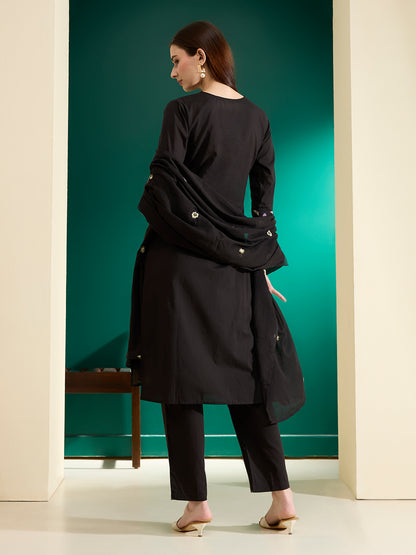 Solid Floral Embroidered Straight Kurta with Pant & Dupatta - Black