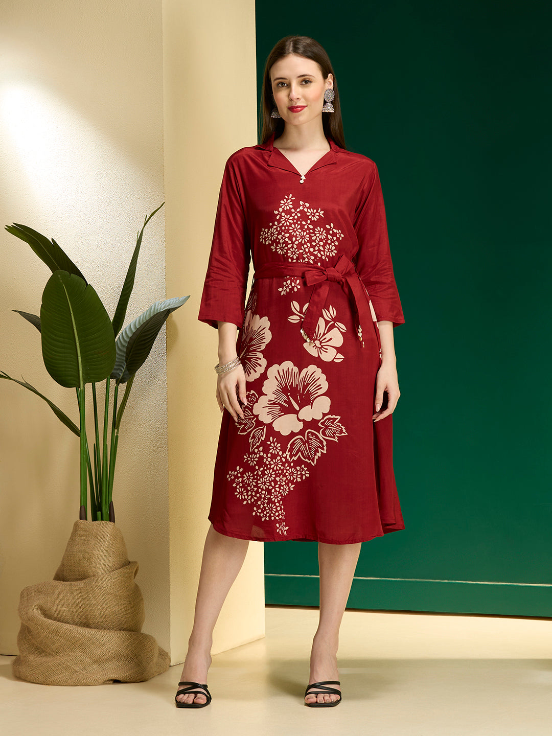 Abstract Floral Printed A-Line Midi Dress with Belt - Maroon